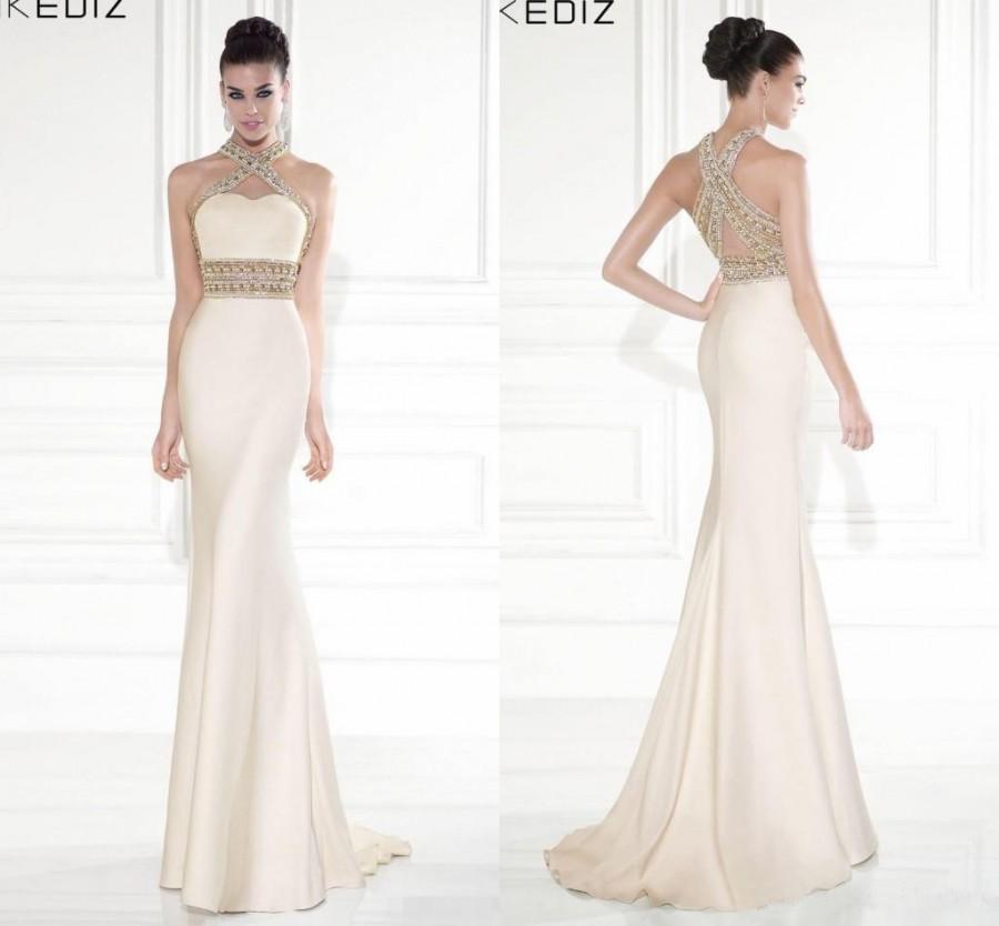 Hochzeit - Tarik Ediz 2016 Mermaid Evening Dresses Halter Formal Gold Champagne Backless Party Prom Gowns Long Celebrity Dress Cheap Sexy Crystals Online with $96.76/Piece on Hjklp88's Store 
