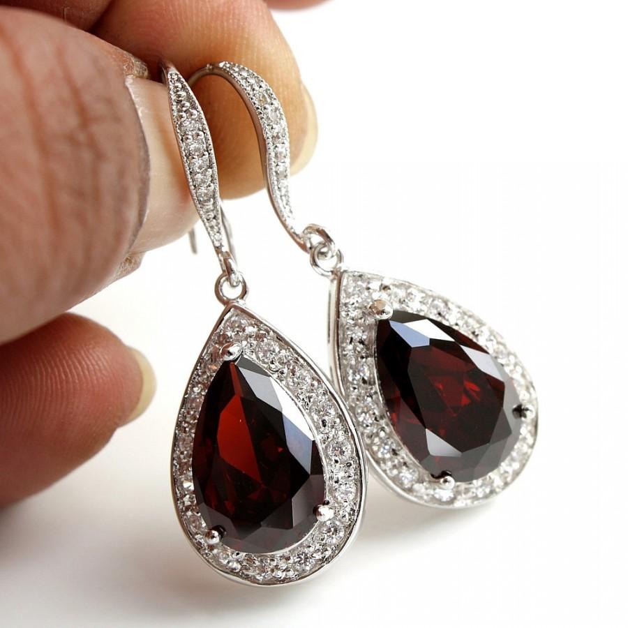 زفاف - Red Earrings Wedding Jewelry Red Bridal Earrings Silver Large Dark Garnet Red Bridal Jewelry Cubic Zirconia Pear Drop Red Earrings, Ula