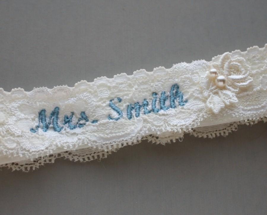 Hochzeit - Personalized Garter, Embroidered / Monogrammed Lace Wedding Garter, Something Blue Wedding Garter, Lace Bridal Garter, Custom Garter Belt