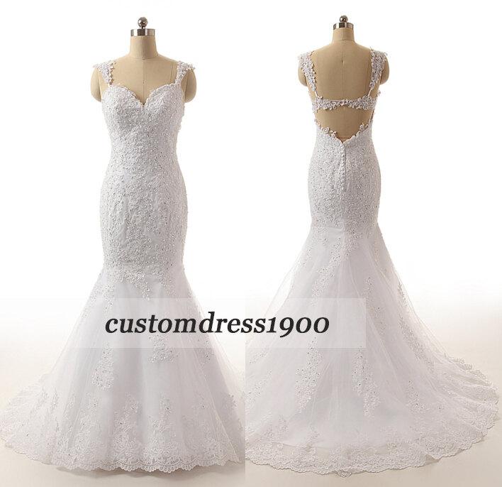 Wedding - Mermaid wedding dress,handmade beading tulle wedding gowns,cap sleeve dresses for weddings,white/ivory bridal dress