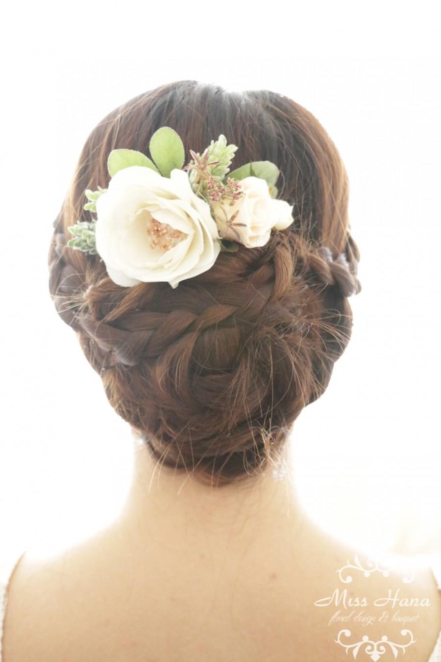 Свадьба - Bridal Hair Accessory, white camellia & winter pine, Bridal Hair comb hairpiece flower, Bridesmaid, Rustic Vintage outdoor wedding woodland