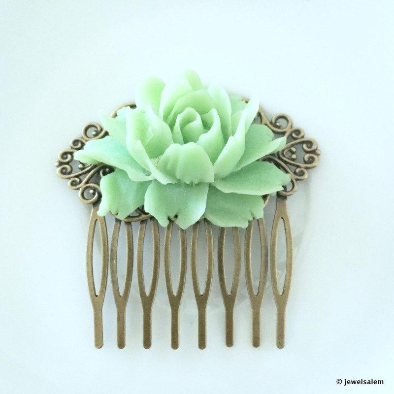 Wedding - Mint Hair Comb Bridal Vintage Inspired Hair Comb Pale Green Headpiece for Bride Bridesmaid Gift Modern Victorian Hair Comb Rustic Elegant