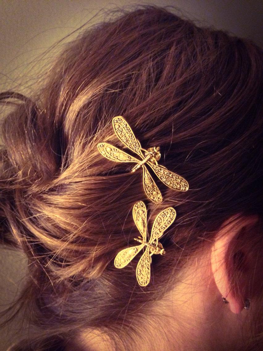 Wedding - Dragonfly Bobby Pin Set - Gold Dragonflies - Gold Colored Dragonfly Set