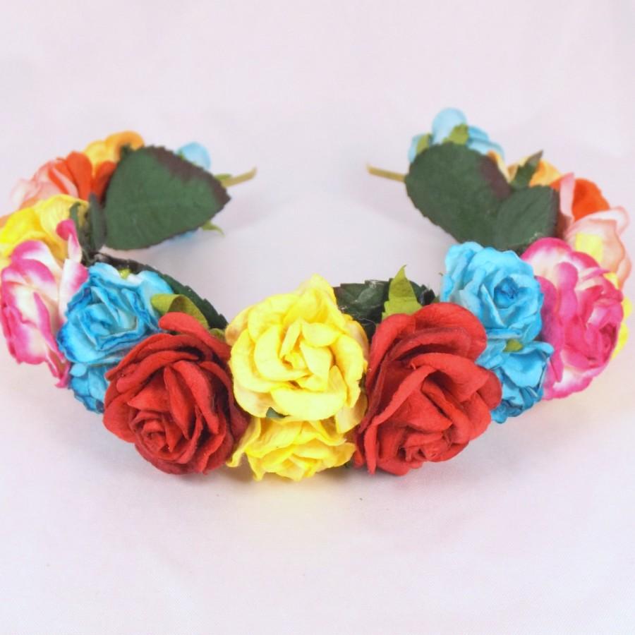 Hochzeit - Flowercrown Garland Wreath Headband Flower Color Frida Kahlo  Wedding Party Bridal Accessory Bridesmaid statement