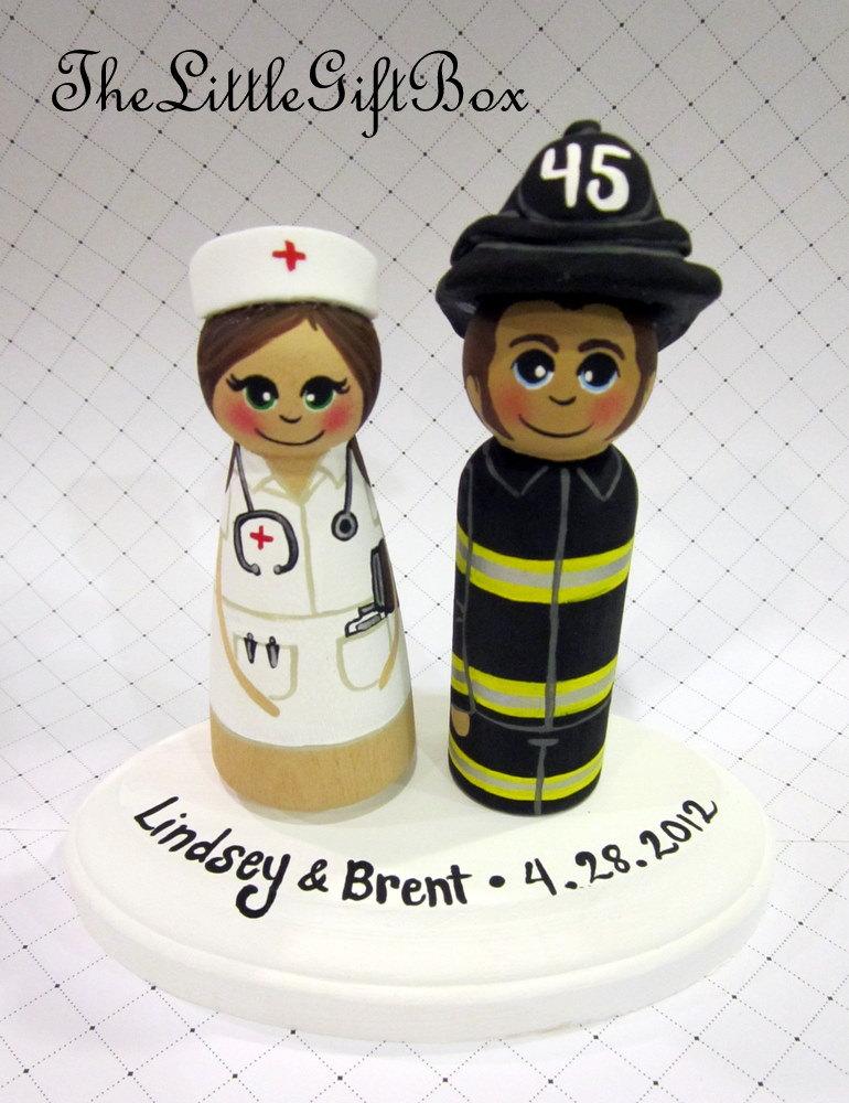 Wedding - Wedding Cake Topper / Custom Painted Wood Peg Dolls with Plaque/ Fireman / Nurse