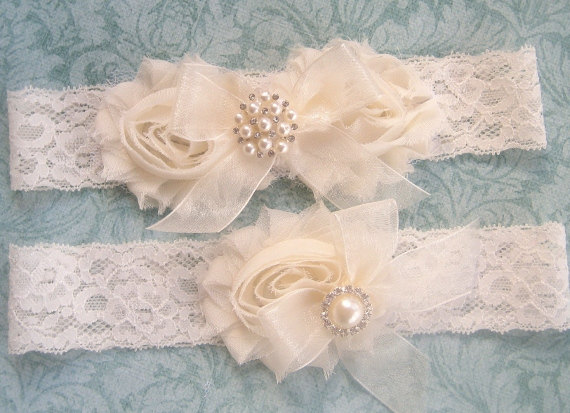 Wedding - SALE Vintage Bridal Garter- Wedding Garter Set- Toss Garter included  Ivory with Rhinestones and Pearls  Custom Wedding colors