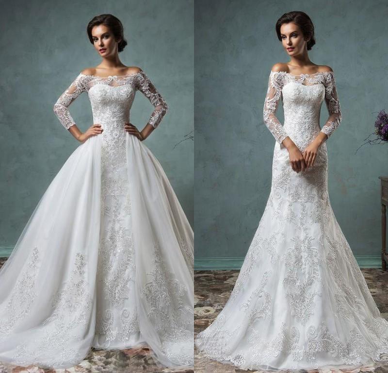 Wedding - Elegant Sheer Long Sleeves Mermaid Wedding Dresses Off-shoulder Tulle Appliqued Lace Court Train with Detachable Skirt Bridal Gowns Cheap Online with $135.87/Piece on Hjklp88's Store 