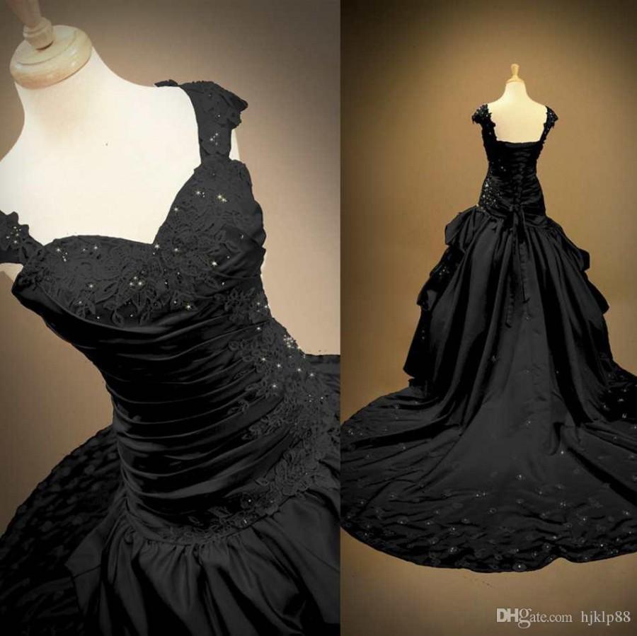 Wedding - Real Photo Black Gothic Wedding Dresses Lace Appliques Beads Cathedral Train Pleats Draped Formal Bridal Party Gowns 2016 Custom Made Online with $121.73/Piece on Hjklp88's Store 