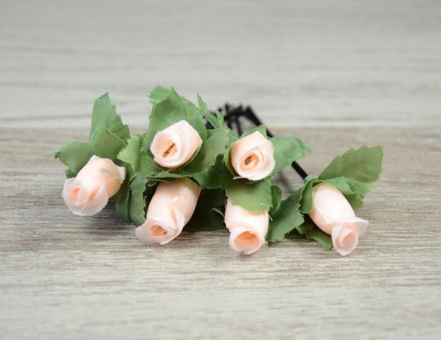 زفاف - Bridal hair pins, Wedding light peach flower pins, pastel pink roses bobby pins, Roses Bridal Hair Pins, rustic, flower girl,  set of six