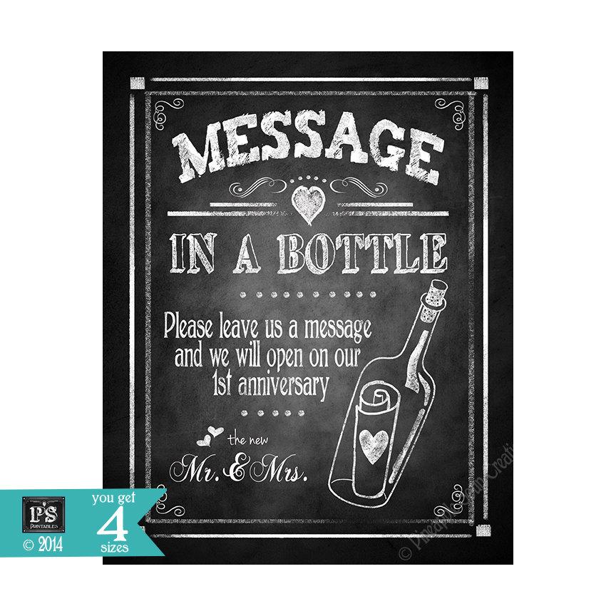 Mariage - Message in a bottle 1st Year Anniversary Chalkboard Wedding sign - 4x6, 5x7, 8x10, 11x14-PRINTABLE download digital file - Rustic Collection