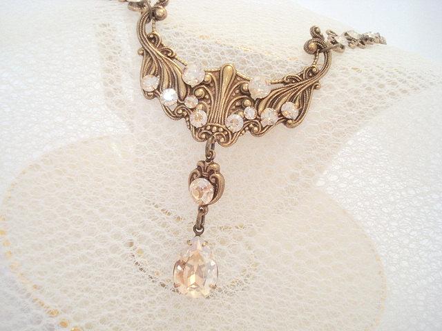 زفاف - Bridal necklace, antique brass necklace, wedding jewelry, vintage style necklace, Swarovski crystal necklace