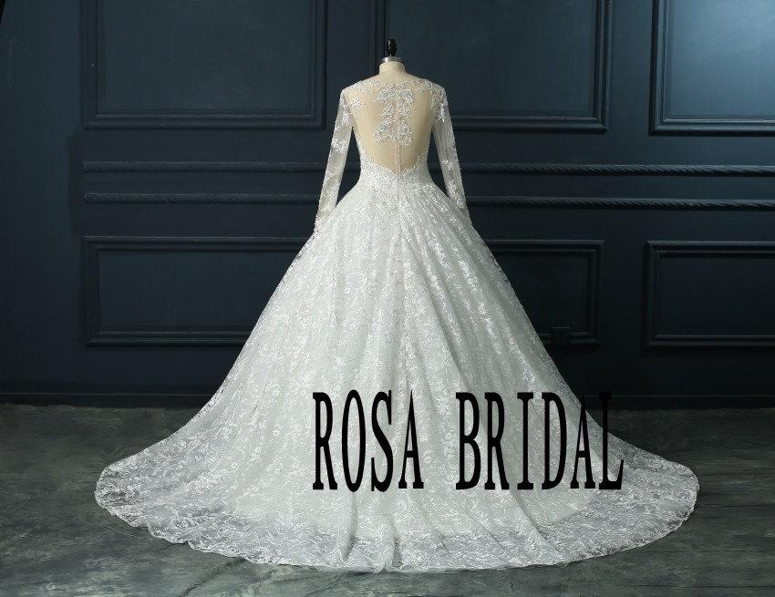 Mariage - Cathedral Long Sleeves Wedding dress Illusion neckline Lace Handmade Beaded wedding bridal dress Custom Size