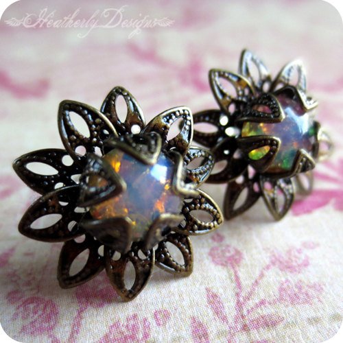 Wedding - Venus Fly Trap: aged brass filigree flowers & vintage harlequin opal glass post earrings - surgical steel or sterling silver