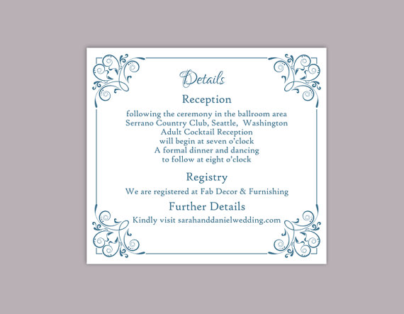 زفاف - DIY Wedding Details Card Template Editable Word File Instant Download Printable Details Card Blue Details Card Template Enclosure Cards