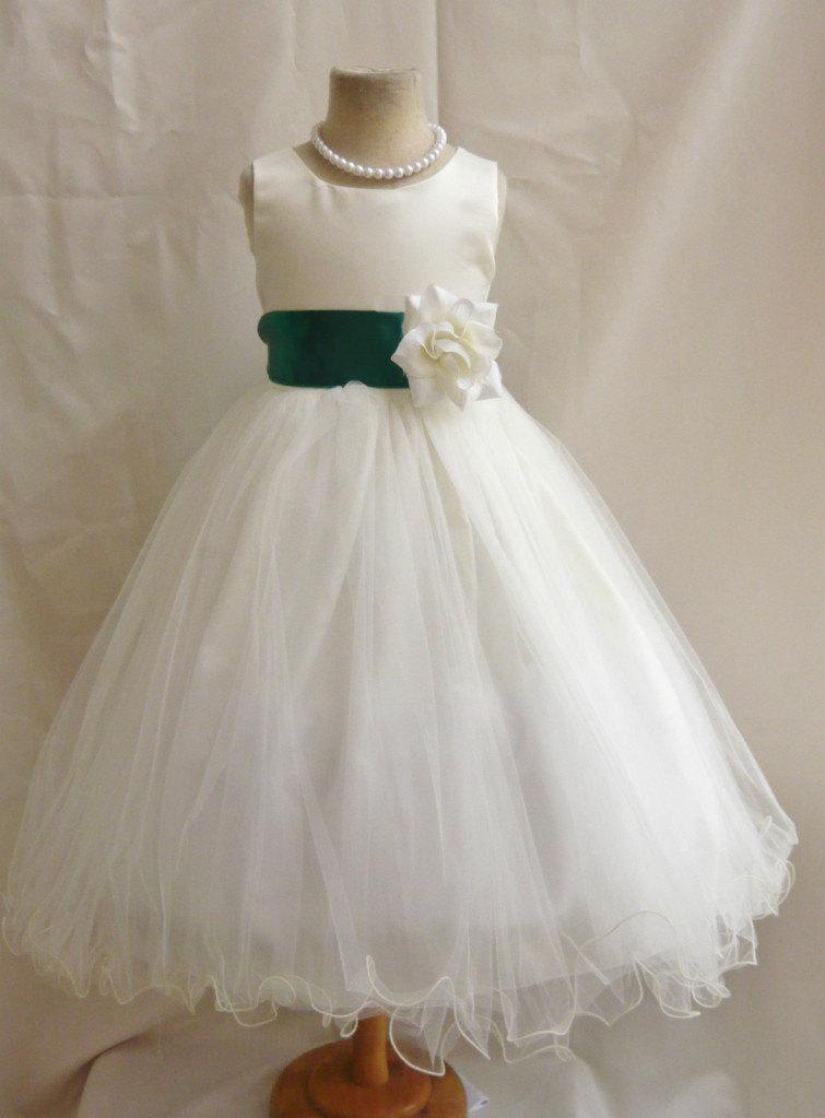 Wedding - Flower Girl Dresses - IVORY with Green Hunter (FD0FL) - Wedding Easter Junior Bridesmaid - For Children Toddler Kids Teen Girls