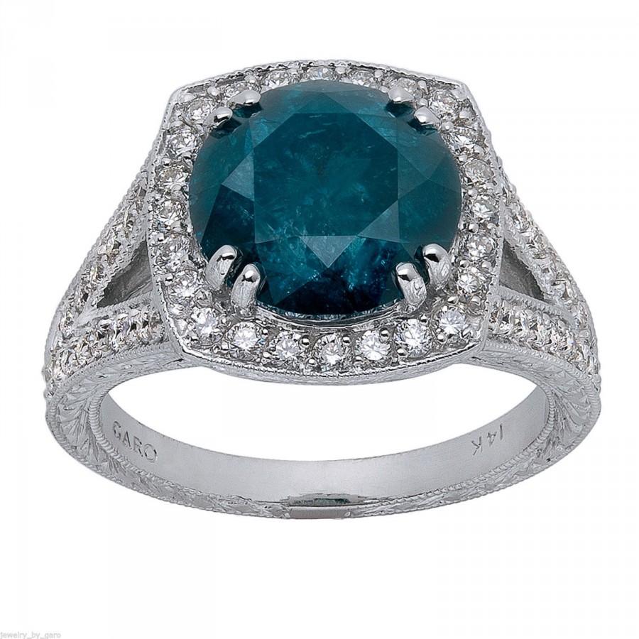زفاف - 3.84 Carat Fancy Blue Diamond Engagement Ring Certified Vintage Style Hand Engraved Ring 14K White Gold HandMade Unique Ring