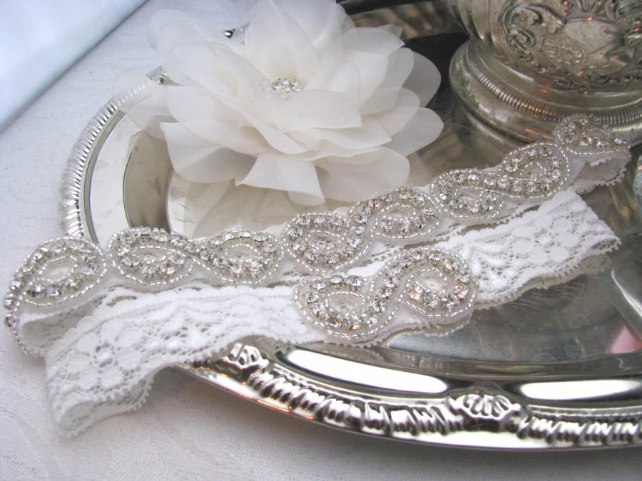 Свадьба - Bridal Garter Set, Infinity Symbol Crystal Rhinestone Wedding Garters, White or Ivory Lace Wedding Keepsake and Toss Heirloom Garter