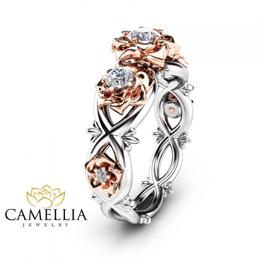 Hochzeit - Three Stone Natural Diamonds Engagement Ring Nature Inspired Ring in 14K Two Tone Gold Unique Floral Ring