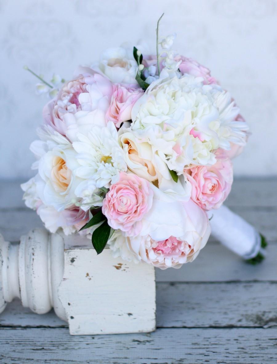 زفاف - Silk Bride Bouquet Daisies Peonies Roses Rustic Chic Wedding