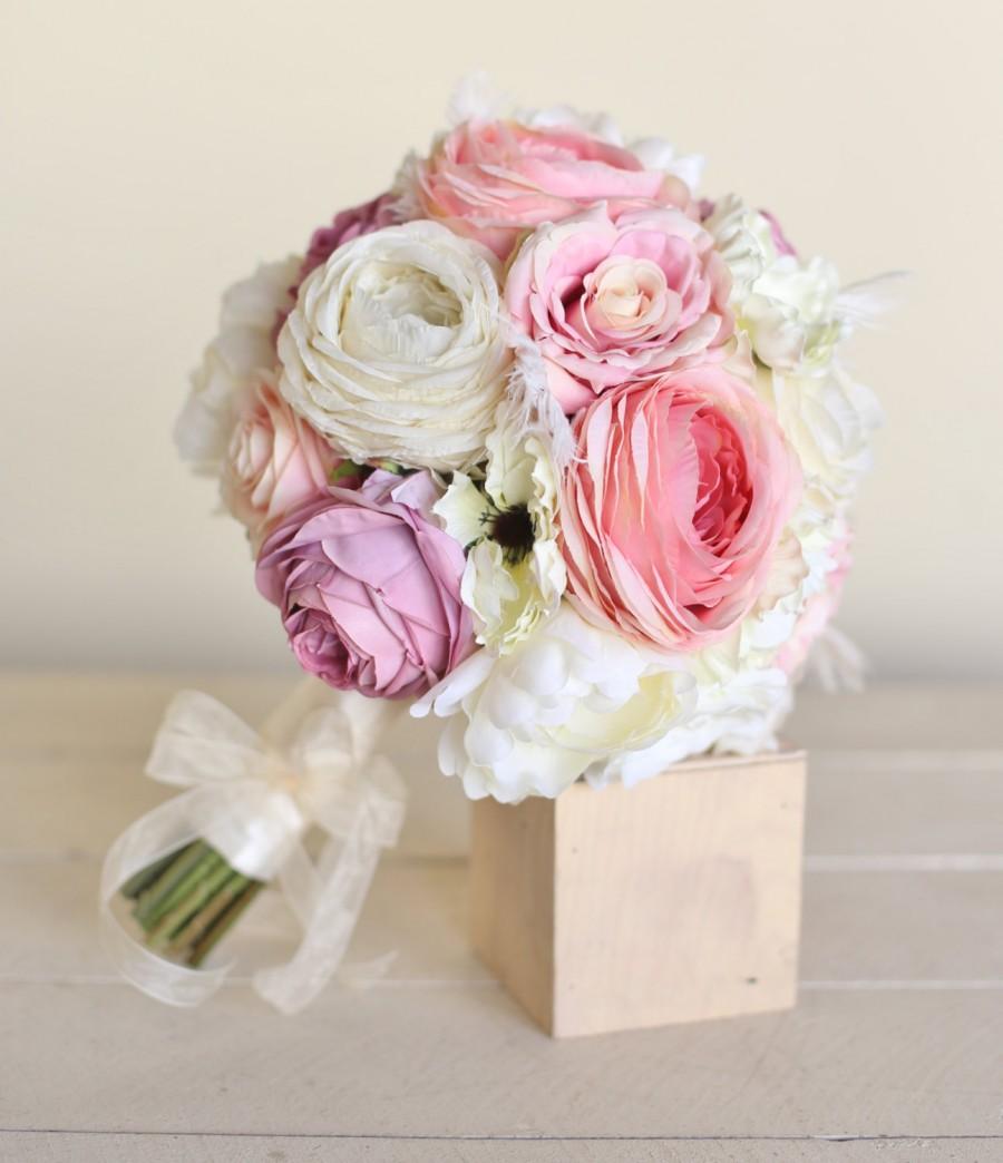 Mariage - Silk Bridal Bouquet Pink Roses Baby's Breath Rustic Chic Wedding NEW 2014 Design by Morgann Hill Designs