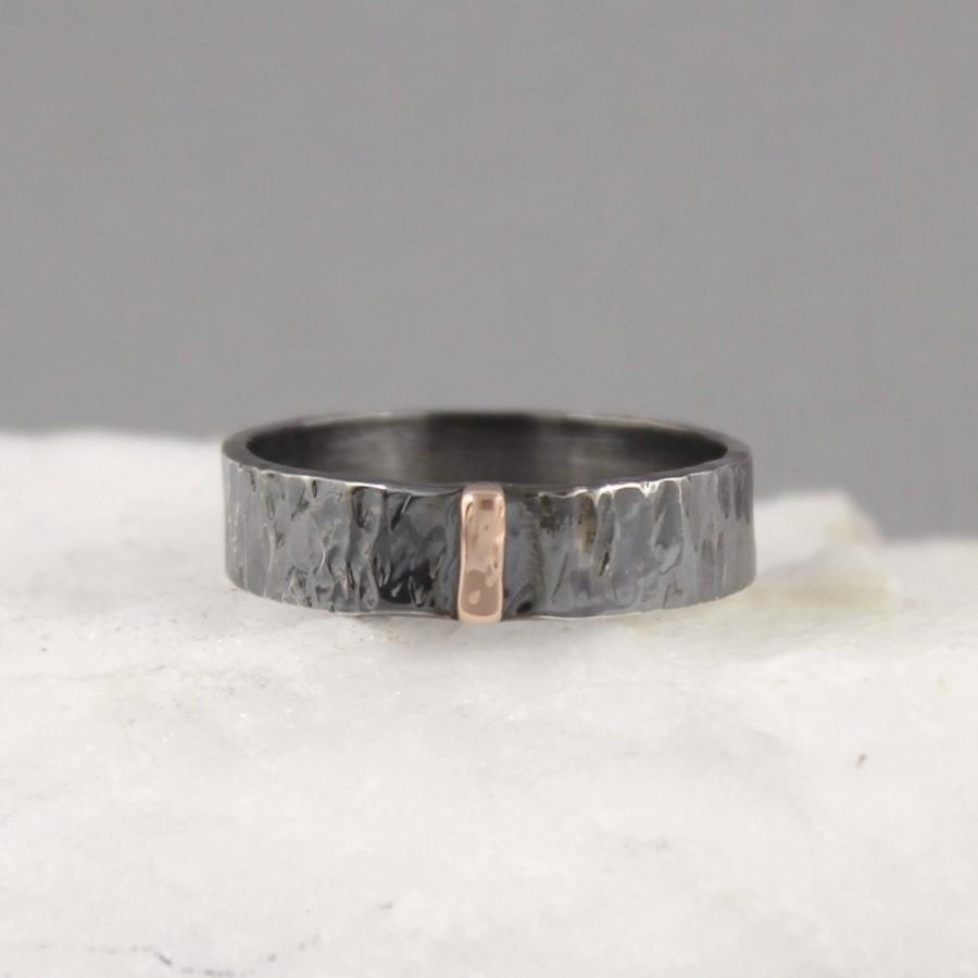 زفاف - Black Sterling Silver and 14K Gold Band - Flat Style Band - 6mm Wedding Band - Commitment Rings - Stacking Ring - Men's or Ladies Jewellery