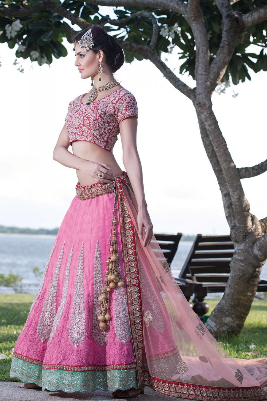 Hochzeit - Pink Georgette flared lehenga with red choli