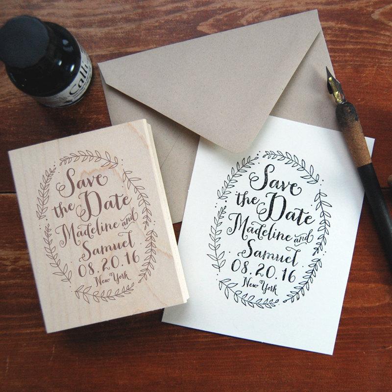 Wedding - Save the Date Stamp #3 - Calligraphy - Wreath - Personalized