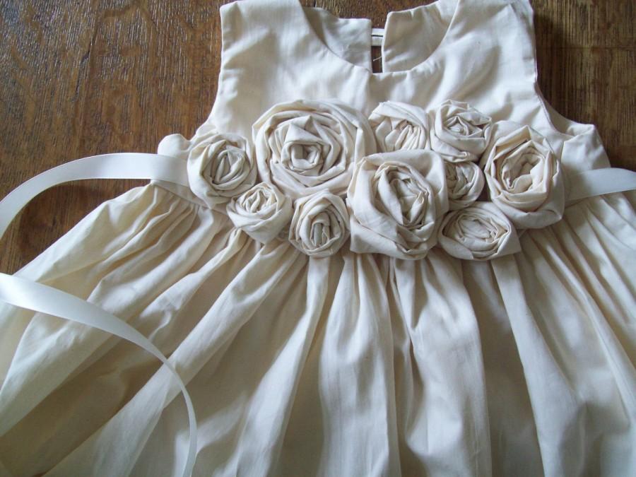Mariage - Roses ... Natural Cotton Flower Girl Dress Custom Made