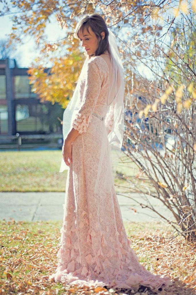 Wedding - Blush Lace Boho Wedding Dress with Sleeves Open Ballerina Back and BEAUTIFUL skirt detailing//Pink Bohemian Wedding Dress