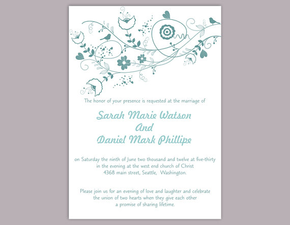 Свадьба - DIY Wedding Invitation Template Editable Word File Instant Download Floral Wedding Invitation Bird Invitation Printable Blue Invitations