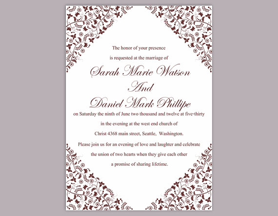 Mariage - DIY Wedding Invitation Template Editable Word File Instant Download Elegant Printable Invitation Brown Wedding Invitation Floral Invitation