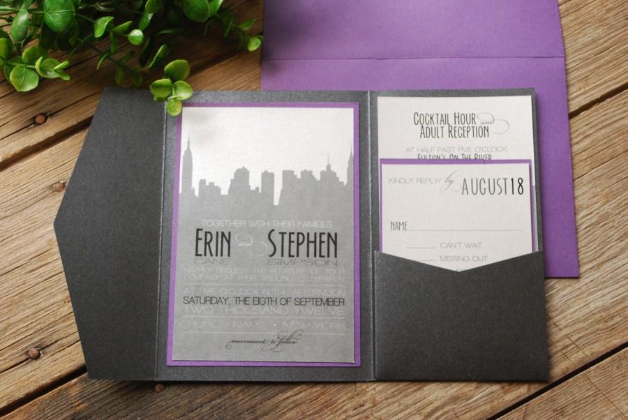 Hochzeit - Wedding Invitation - New York Skyline Purple and Black with Pocket and Inserts
