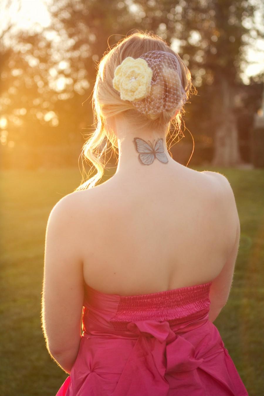 Hochzeit - Rose Bridal Fascinator Pale Yellow Crochet with Birdcage Veil