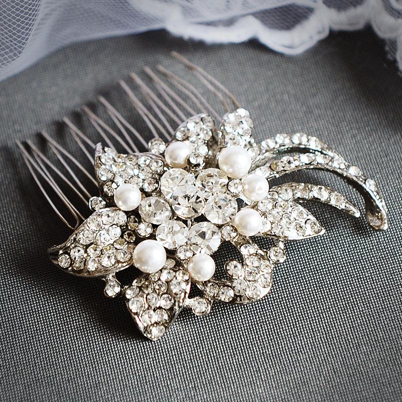 Wedding - CELINE, Bridal Hair Comb, Wedding Hair Accessories, Swarovski Pearl Wedding Hair Comb, Art Deco Crystal Rhinestone Hair Jewelry, Headpiece