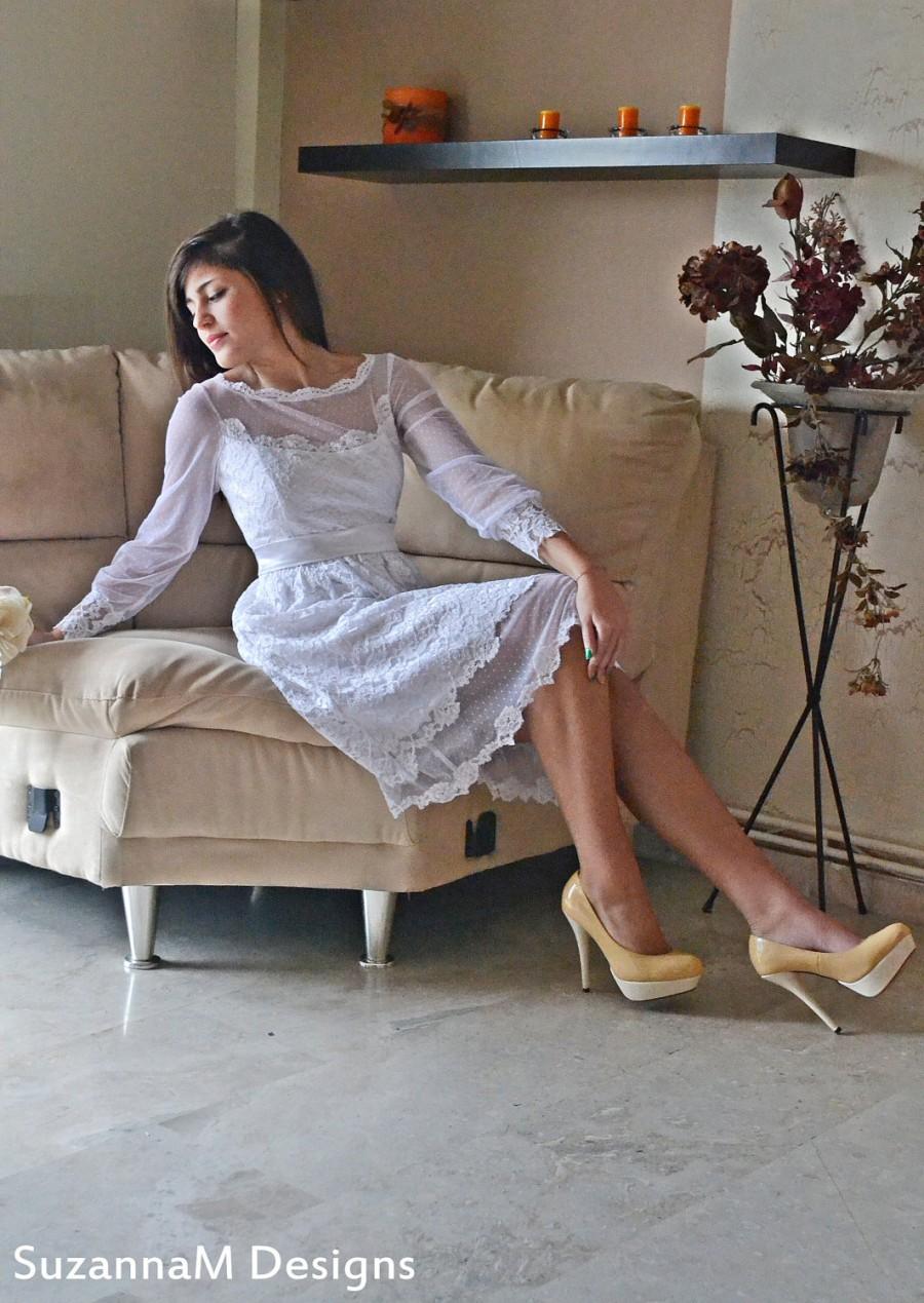 Wedding - White Wedding Dress 50s White Lace Wedding Tea Length Dress - Handmade Tea Dress by SuzannaM Designs