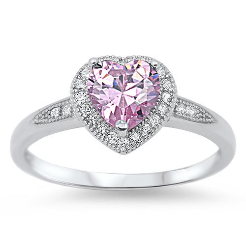 زفاف - 925 Sterling Silver Halo Heart Promise Ring 1.20 Carat Pink Topaz Heart Pave Russian Diamond CZ  Valentines Gift