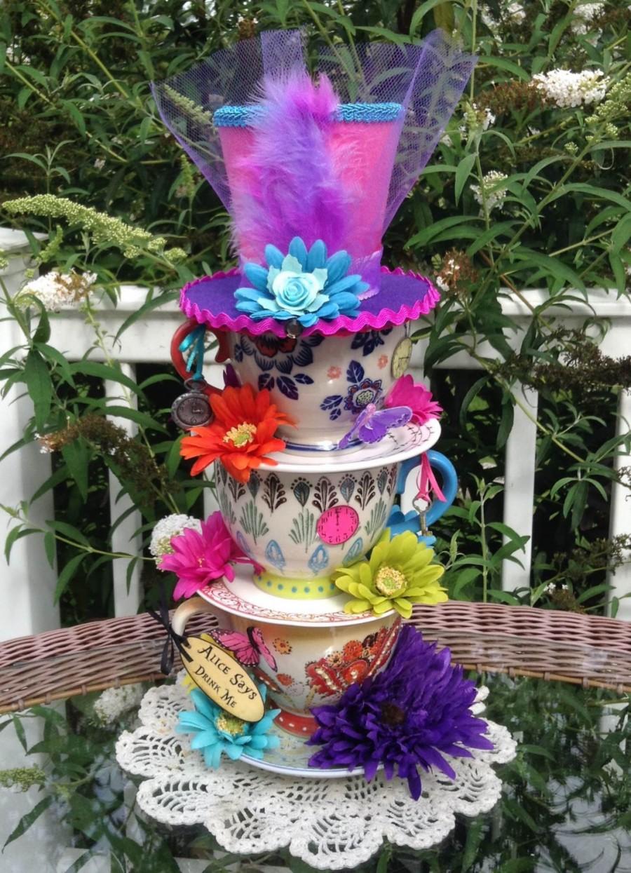 زفاف - Mad Hatter Oversized Handpainted Stacked Teacup Centerpiece #1 - Alice in Wonderland Birthday, Tea Party, Bridal Shower, Sweet Sixteen