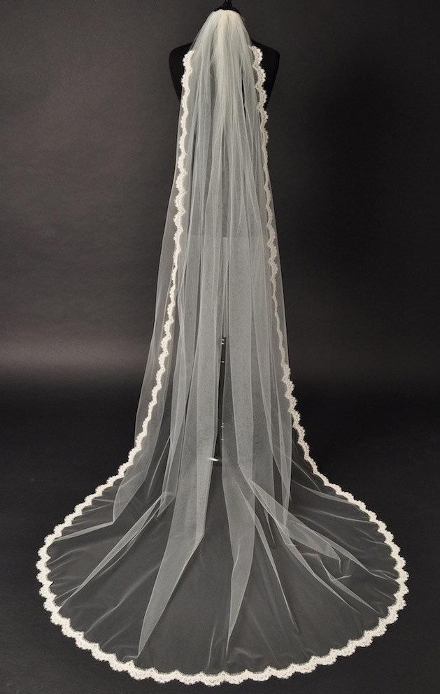 Wedding - Chapel Lace Veil, Alencon lace veil, Cathedral lace veil, lace bridal veil, ivory lace veil, scallop lace veil, bridal accessories