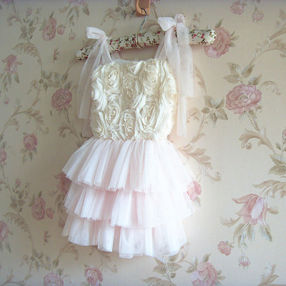 Wedding - Vintage Inspired White Pink Flower girl Chiffon Rosette Tutu Dress, Birthday Tutu, Party Dress, Dance Recital Tutu