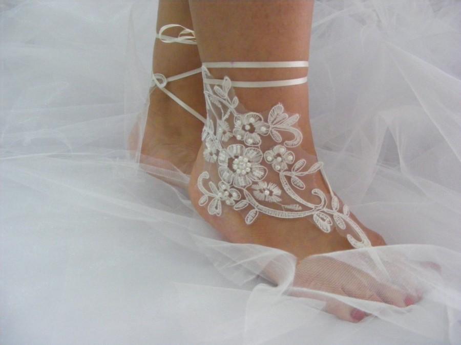Mariage - White Lace Beaded Barefoot Sandals, Beach Wedding Sandals, Wedding Anklets, Summer Wear, Wrist Sandals, Embroidered Sandals