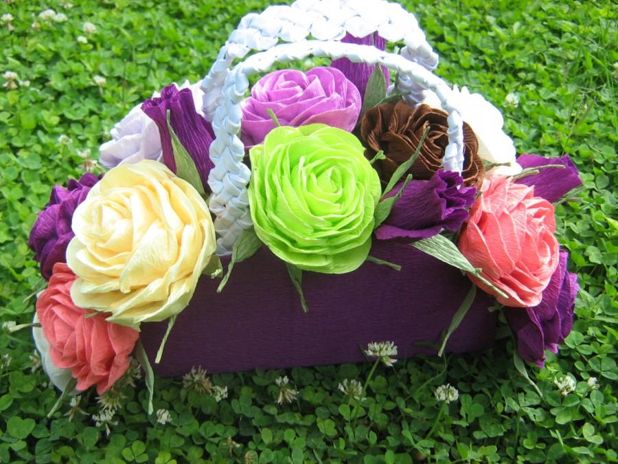 Mariage - Purple wedding basket flower girl accessories paper flowers roses  bouquet pink Purple Baby Shower Wedding Rustic Table Flower Crepe paper