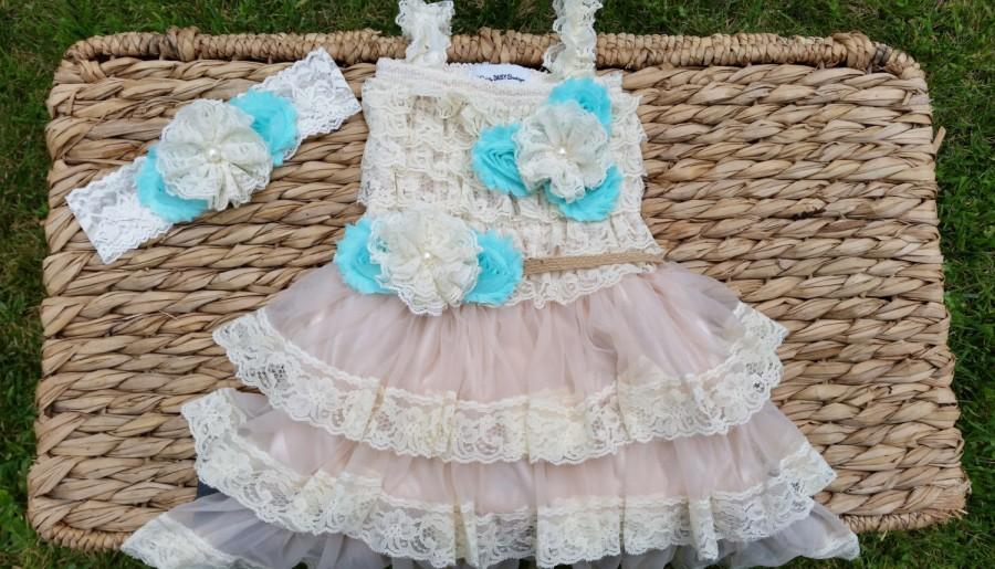 Mariage - Turquoise Aqua Flower Girl Dress -Lace Pettidress-Rustic Flower Girl-Shabby Chic Flower Girl Dress-Coral Flower Girl-Vintage Wedding-Set