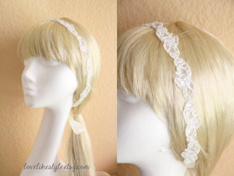 Hochzeit - Skinny Ivory sequined Lace Head Band, Ivory Head Tie, Head Piece, Bridal Hair Accessories, Bridesmaid Headband