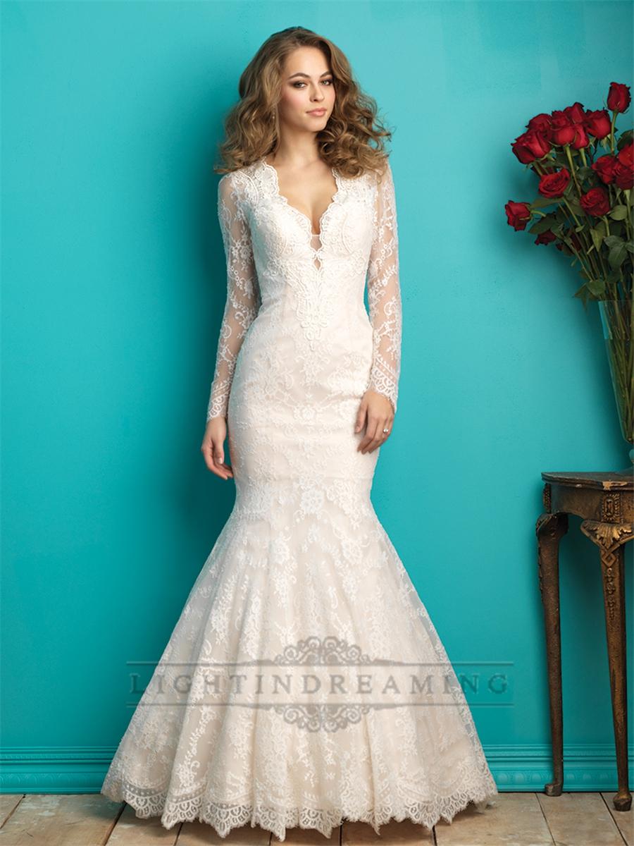 Hochzeit - Long Sleeves Plunging V-neck Lace Wedding Dress with Sheer Illusion Back - LightIndreaming.com