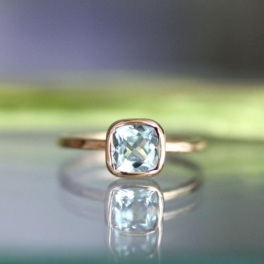 Wedding - Aquamarine 14K Gold Ring, Engagement Ring, Gemstone Ring, Aquamarine Engagement Ring, Cushion Cut Ring, Stacking Ring - Made To Order