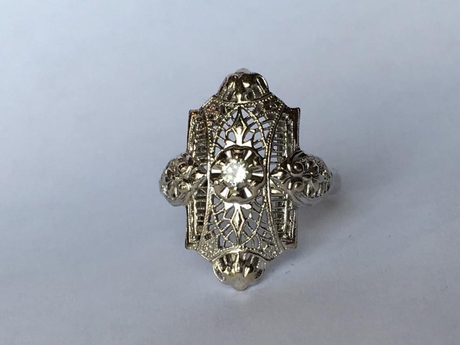 زفاف - Vintage Diamond Ring in 14K White Gold. Art Nouveau Filigree Gold Ring. Unique Engagement Ring. April Birthstone. 10 Year Anniversary Gift
