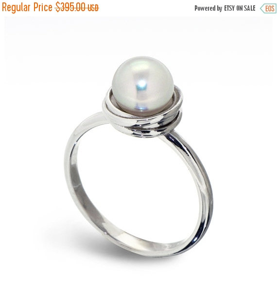 Hochzeit - ON SALE - GOLDEN Nest 14K White Gold Pearl Ring, Pearl Engagement Ring, Unique engagement ring, Custom Italian fine jewelry