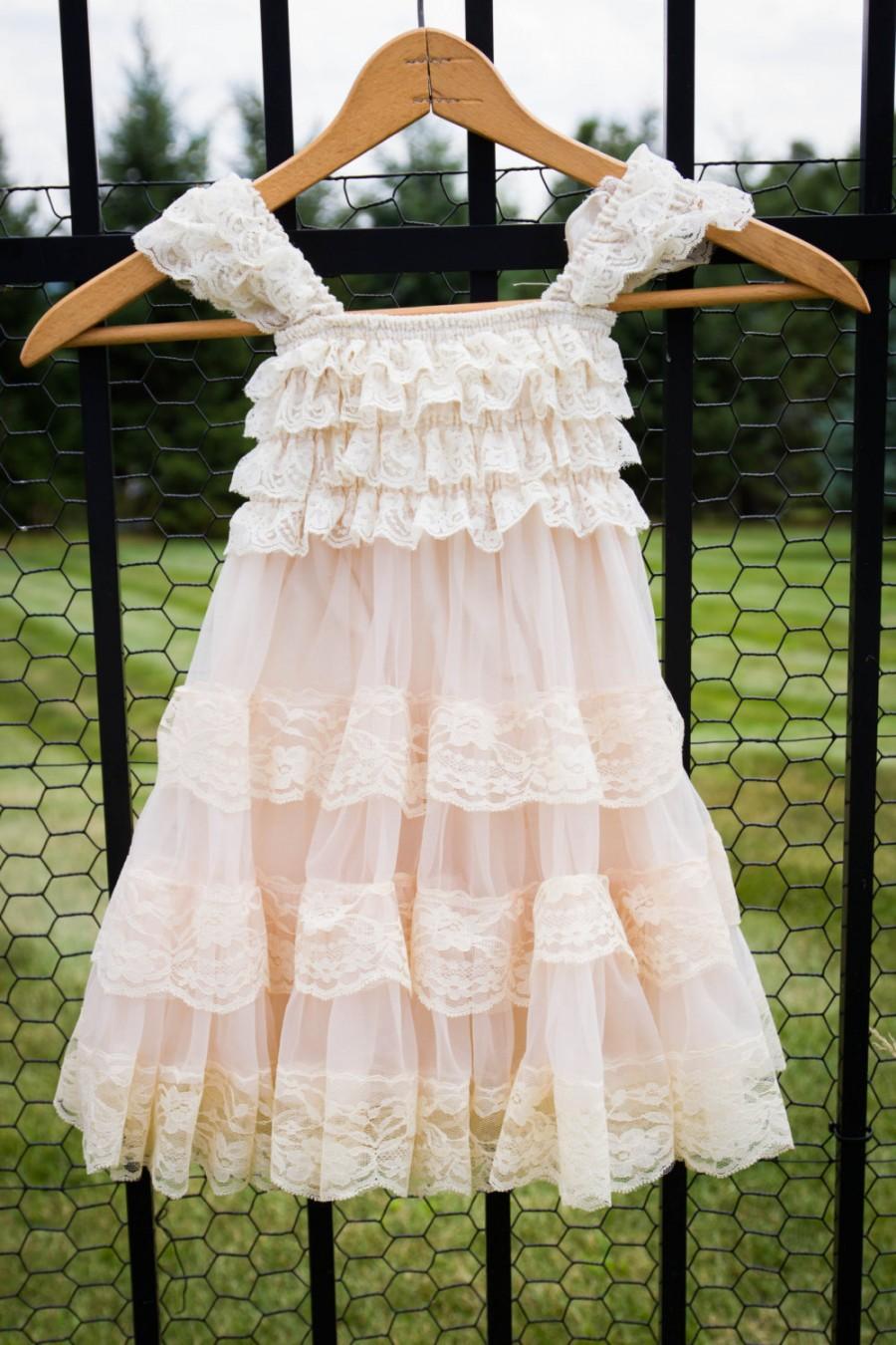 Mariage - Champagne Flower Girl Dress -Lace Pettidress -Vintage Flower Girl Dress - Shabby Chic Flower Girl Dress - Lace Flower Girl Dresses - Rustic
