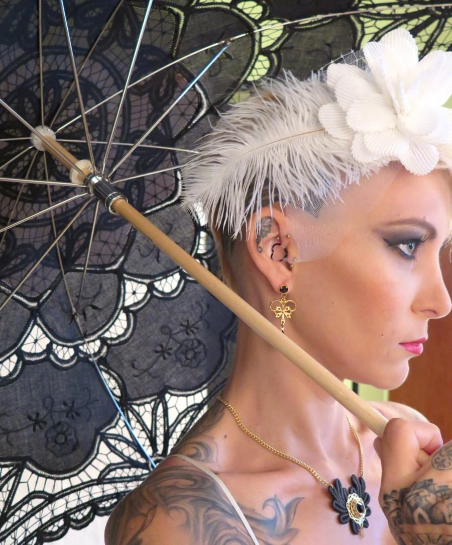 زفاف - White Feather Fascinator with White  tulle Flower , Steampunk wedding Hair Accessories , White  Feather Fascinator ,  By Talila Korolker