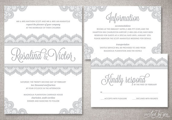 Hochzeit - Lace "Rosalind" Wedding Invitation Suite - Romantic Vintage Elegant Deco Invite - Custom DIY Digital Printable or Printed Invitations